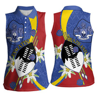 Eswatini Women Sleeveless Polo Shirt Nguni Shield Edelweiss Flower