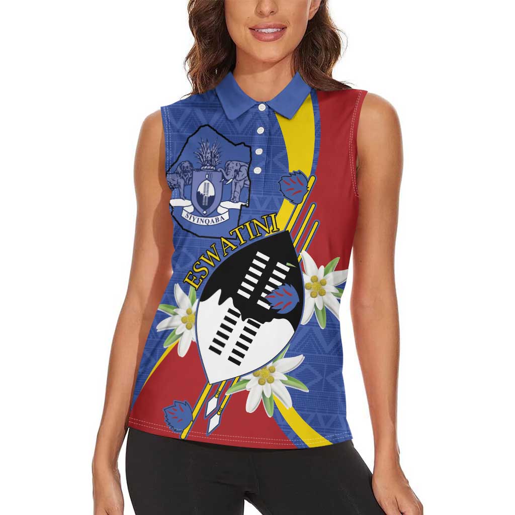 Eswatini Women Sleeveless Polo Shirt Nguni Shield Edelweiss Flower
