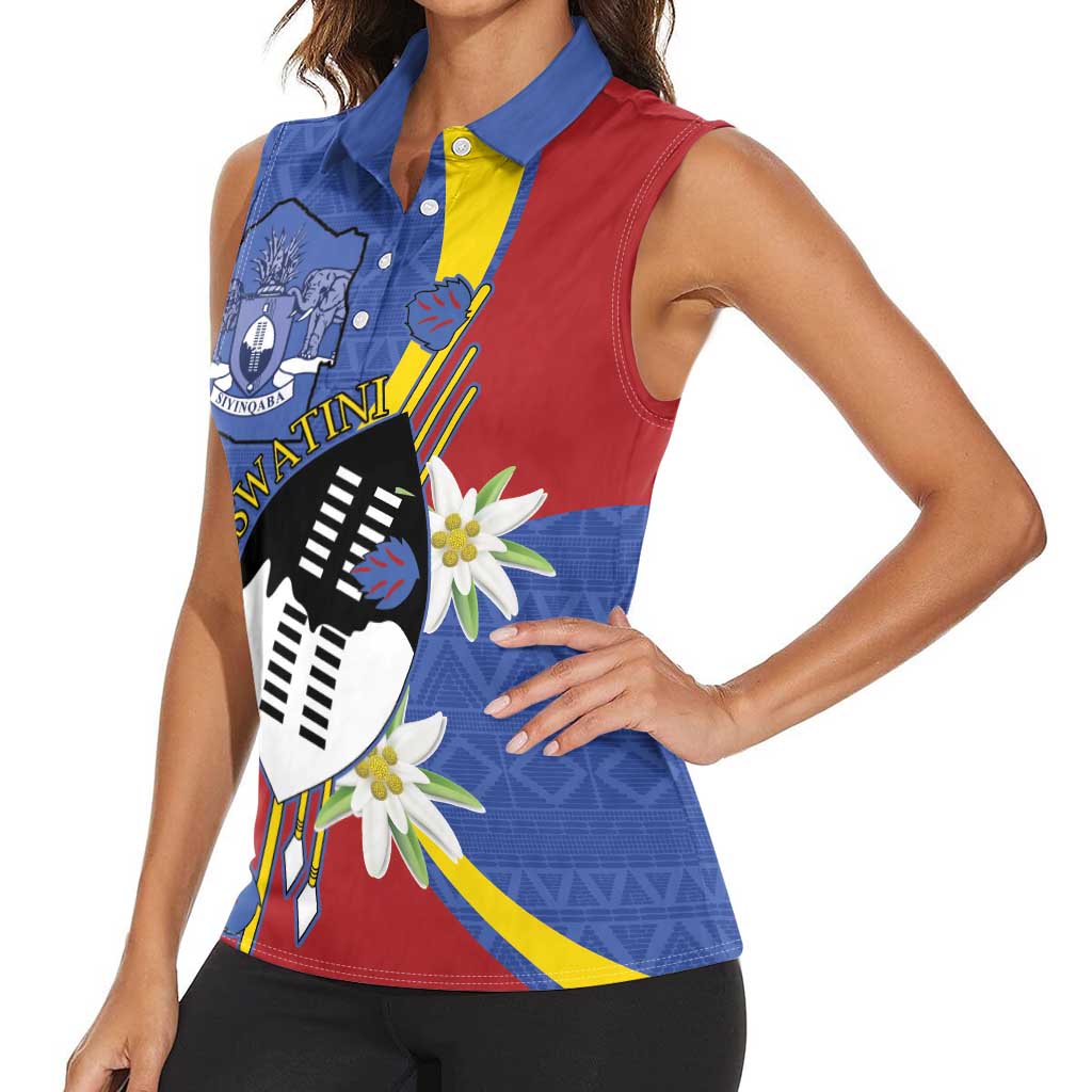 Eswatini Women Sleeveless Polo Shirt Nguni Shield Edelweiss Flower