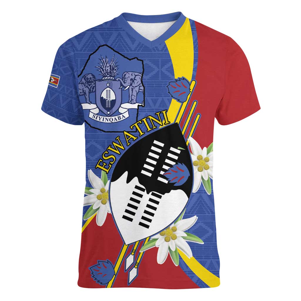 Eswatini Women V-Neck T-Shirt Nguni Shield Edelweiss Flower