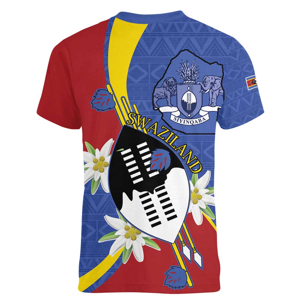 Eswatini Women V-Neck T-Shirt Nguni Shield Edelweiss Flower