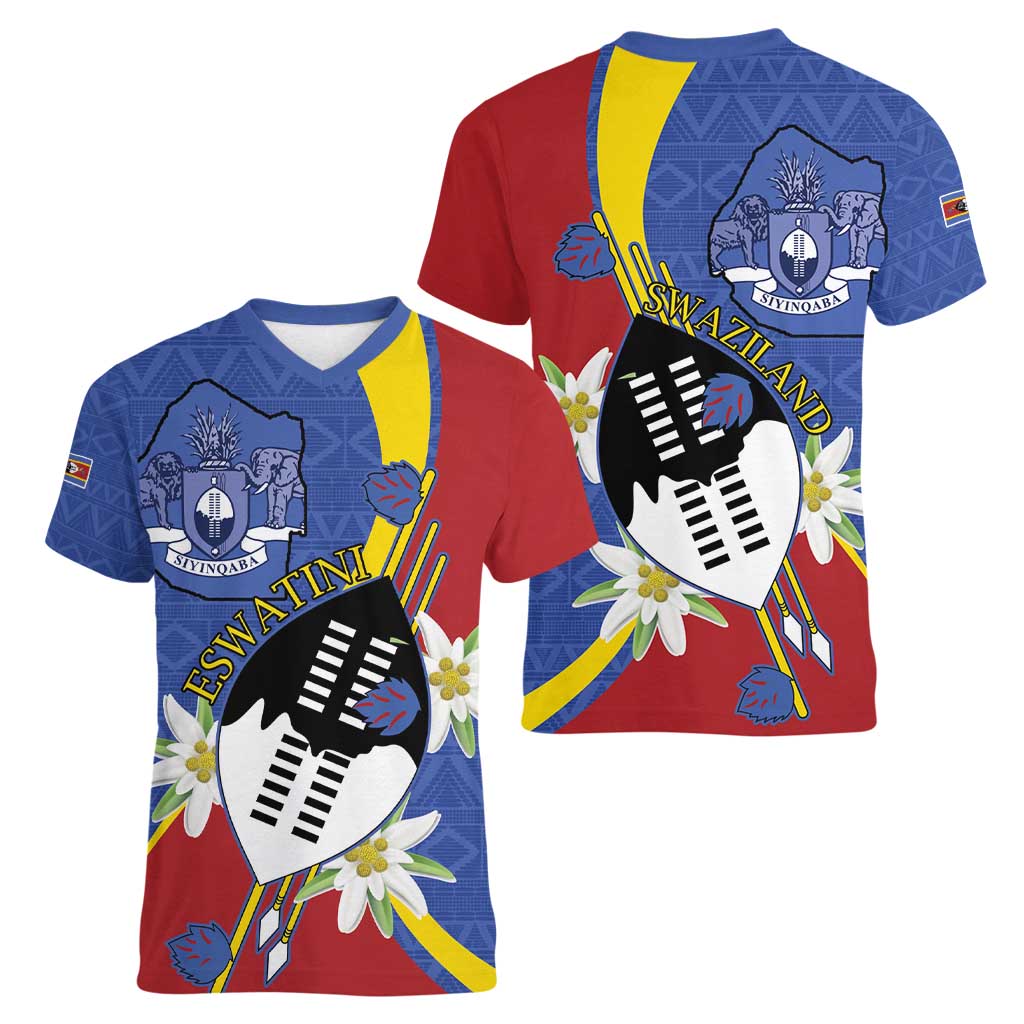 Eswatini Women V-Neck T-Shirt Nguni Shield Edelweiss Flower