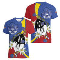 Eswatini Women V-Neck T-Shirt Nguni Shield Edelweiss Flower
