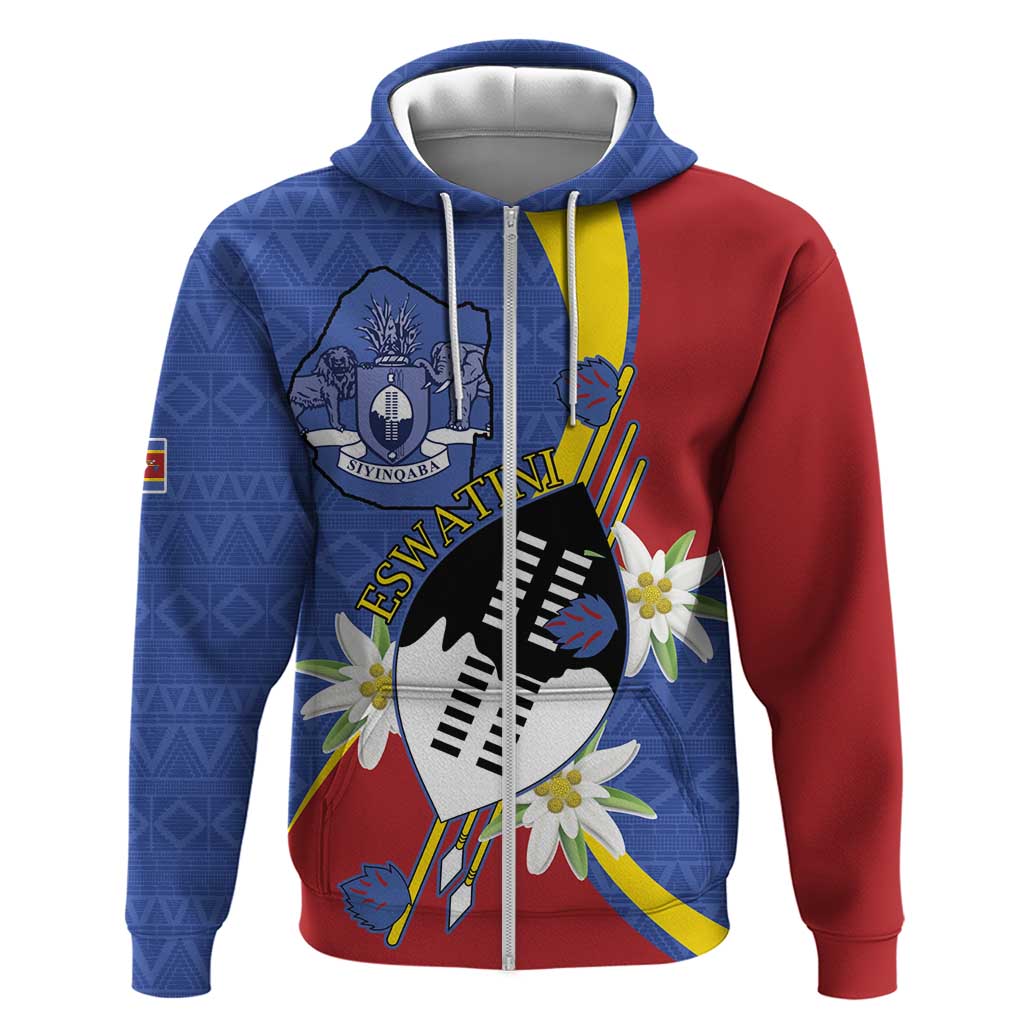 Eswatini Zip Hoodie Nguni Shield Edelweiss Flower
