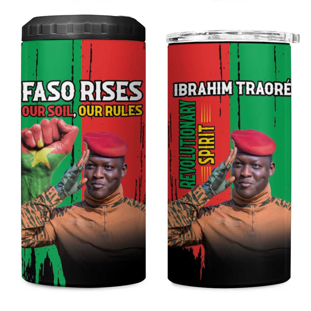 Ibrahim Traore 4 in 1 Can Cooler Tumbler Faso Rises Our Soil Our Rules