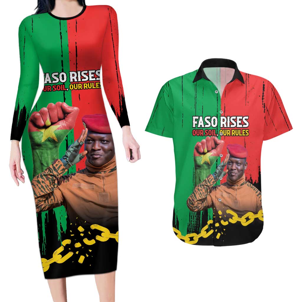 Ibrahim Traore Couples Matching Long Sleeve Bodycon Dress and Hawaiian Shirt Faso Rises Our Soil Our Rules