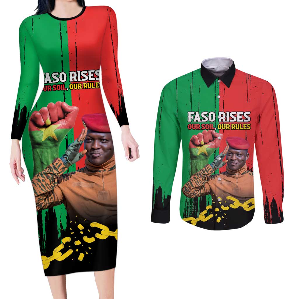 Ibrahim Traore Couples Matching Long Sleeve Bodycon Dress and Long Sleeve Button Shirt Faso Rises Our Soil Our Rules