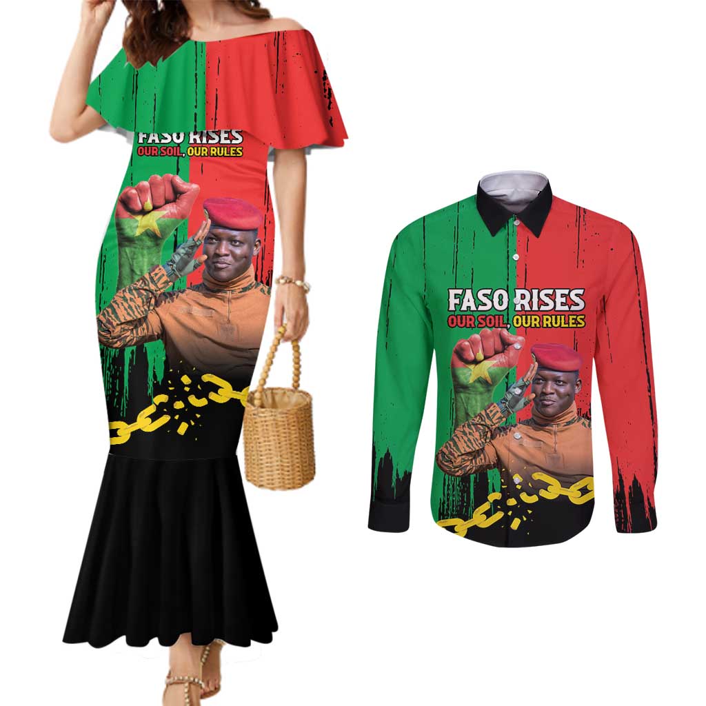 Ibrahim Traore Couples Matching Mermaid Dress and Long Sleeve Button Shirt Faso Rises Our Soil Our Rules