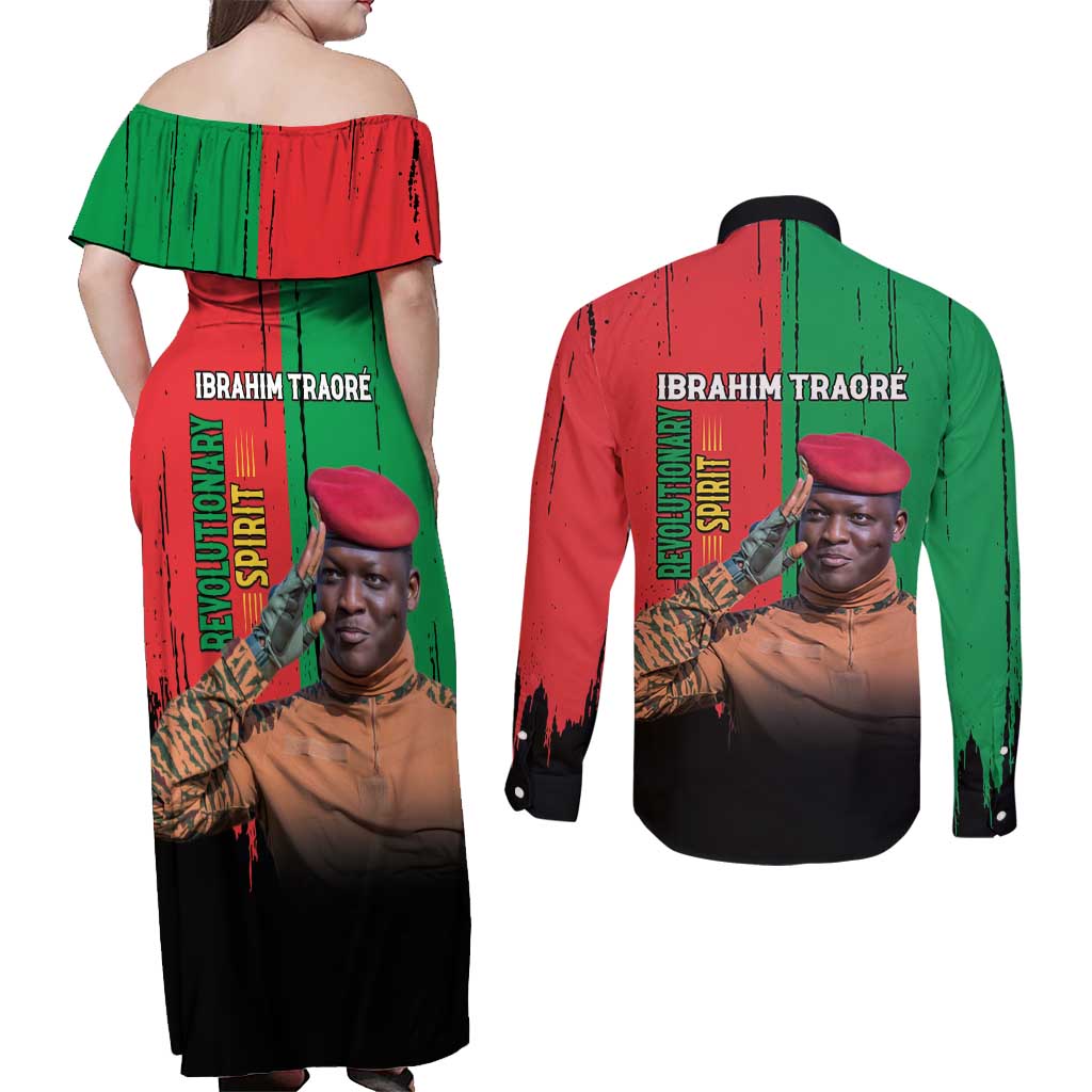 Ibrahim Traore Couples Matching Off Shoulder Maxi Dress and Long Sleeve Button Shirt Faso Rises Our Soil Our Rules