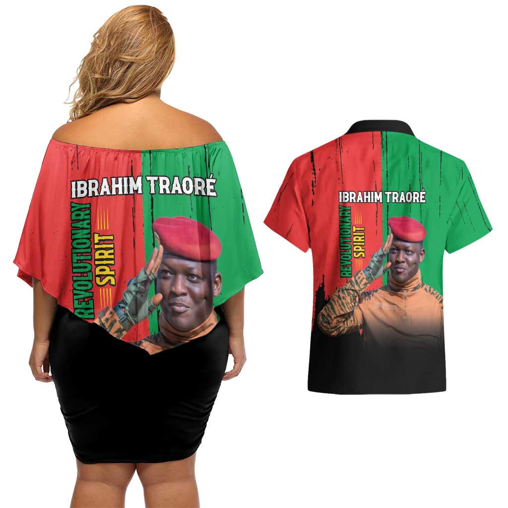 Ibrahim Traore Couples Matching Off Shoulder Short Dress and Hawaiian Shirt Faso Rises Our Soil Our Rules