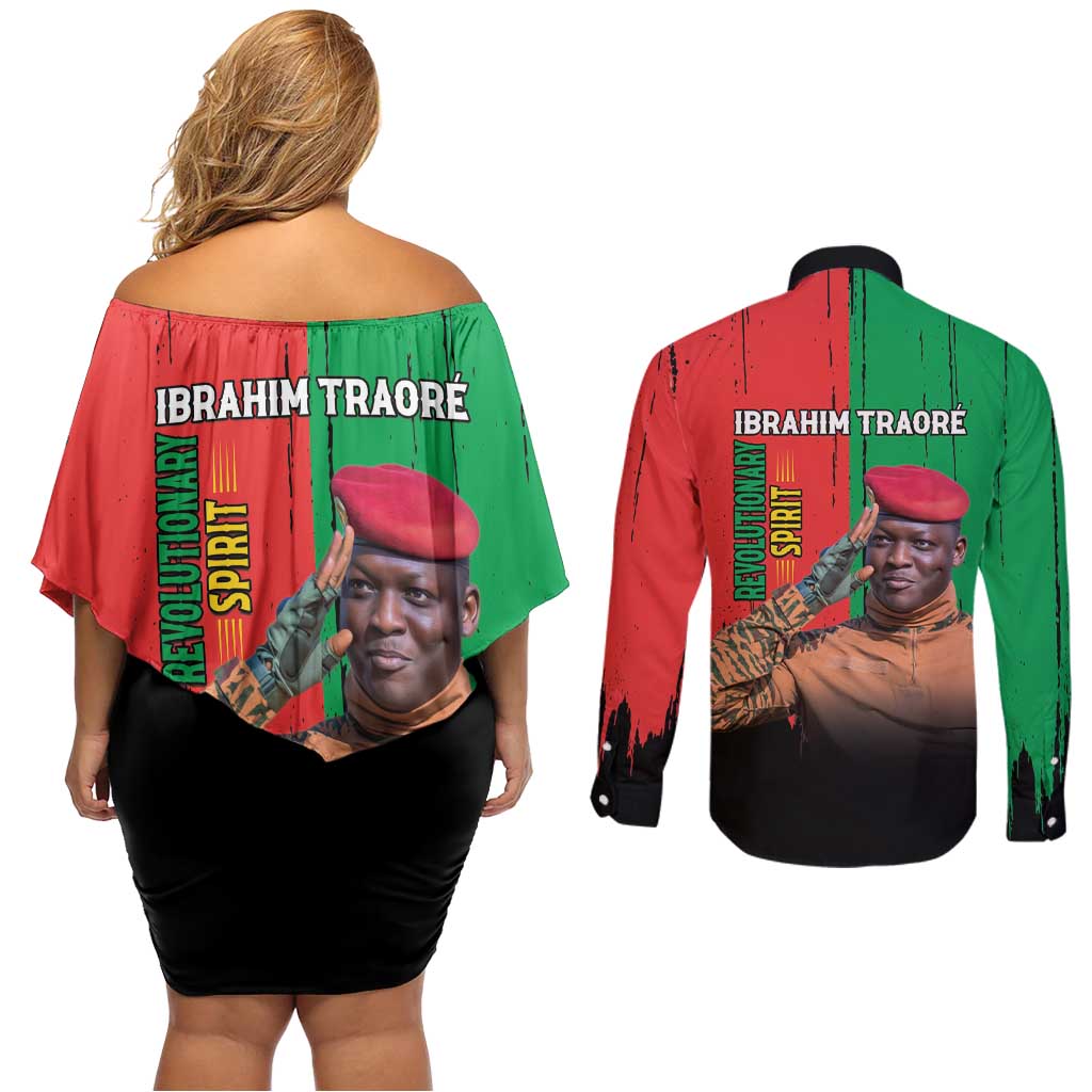 Ibrahim Traore Couples Matching Off Shoulder Short Dress and Long Sleeve Button Shirt Faso Rises Our Soil Our Rules