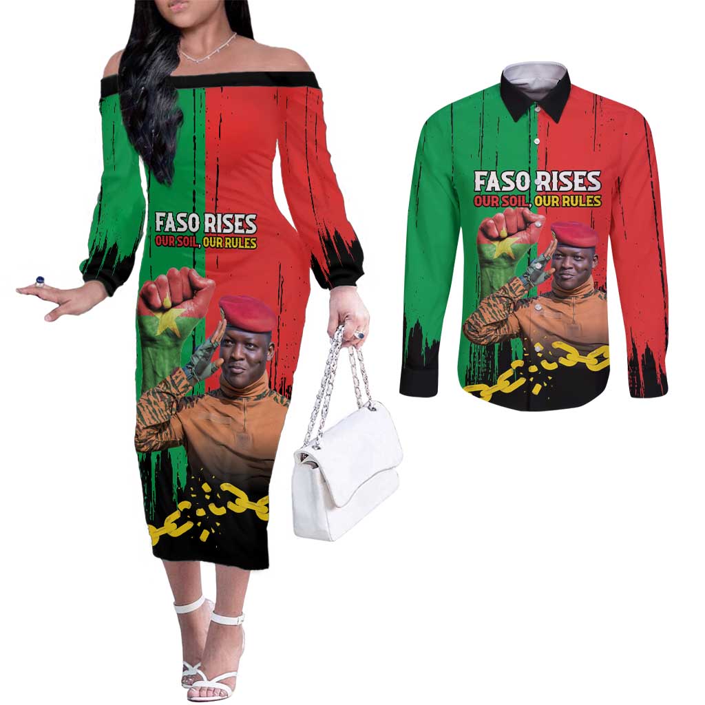 Ibrahim Traore Couples Matching Off The Shoulder Long Sleeve Dress and Long Sleeve Button Shirt Faso Rises Our Soil Our Rules