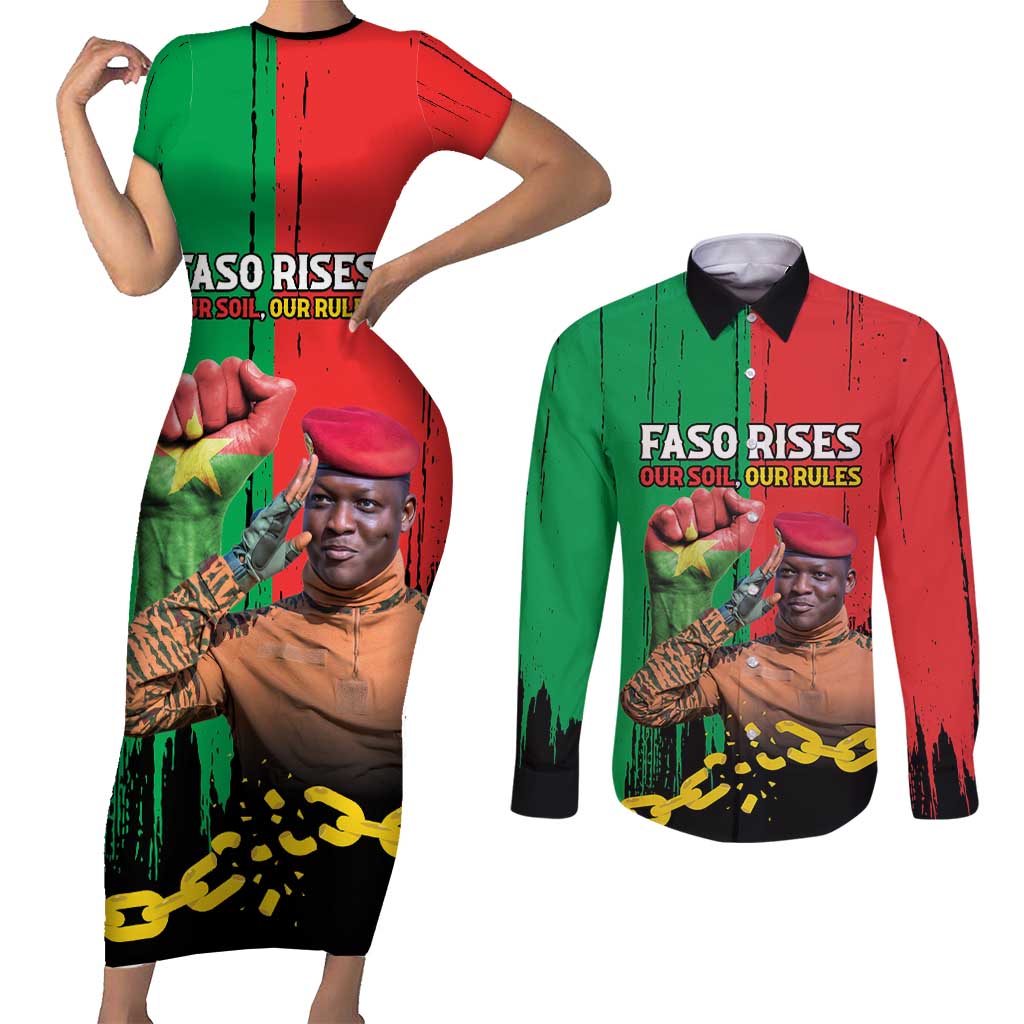 Ibrahim Traore Couples Matching Short Sleeve Bodycon Dress and Long Sleeve Button Shirt Faso Rises Our Soil Our Rules