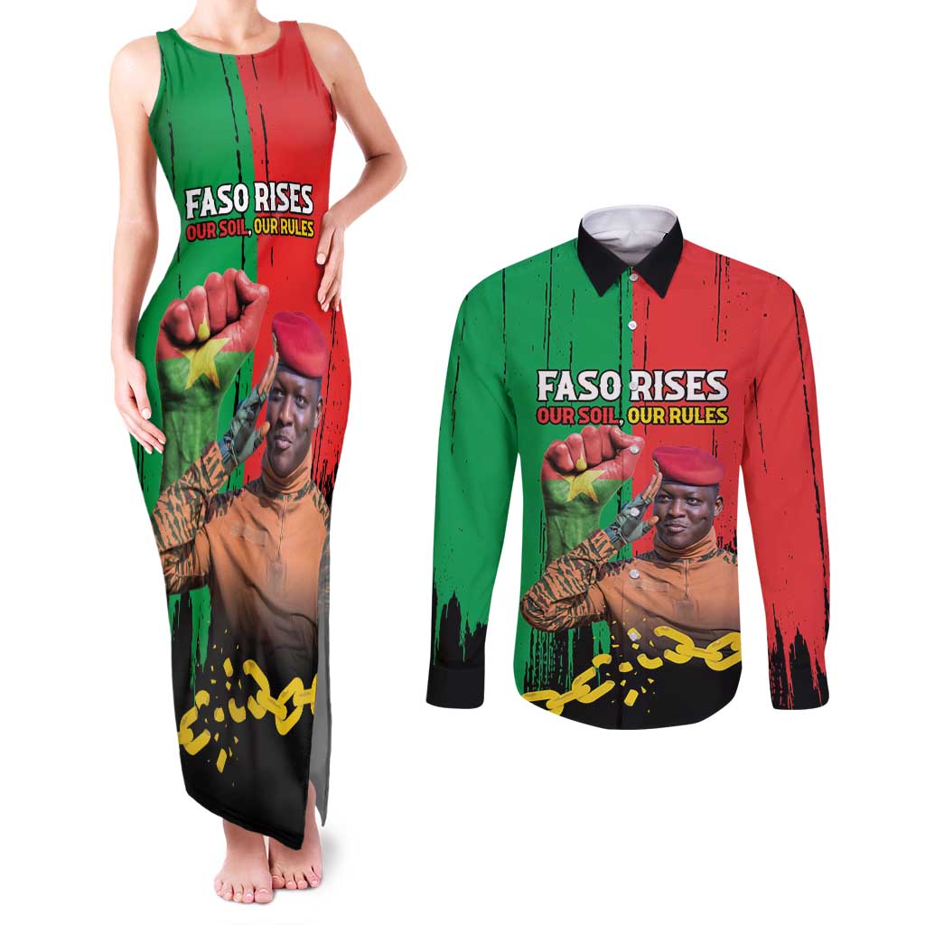 Ibrahim Traore Couples Matching Tank Maxi Dress and Long Sleeve Button Shirt Faso Rises Our Soil Our Rules