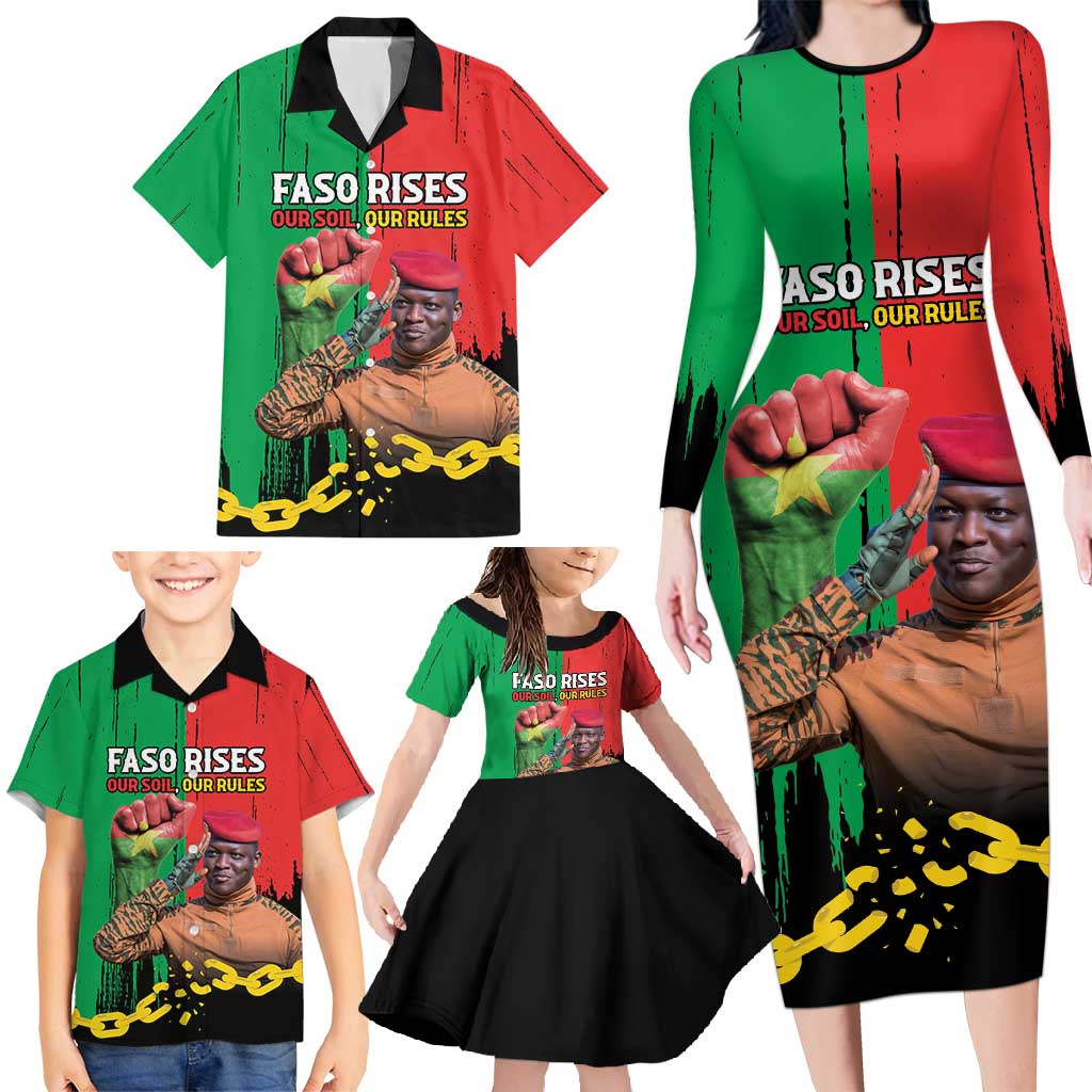 Ibrahim Traore Family Matching Long Sleeve Bodycon Dress and Hawaiian Shirt Faso Rises Our Soil Our Rules