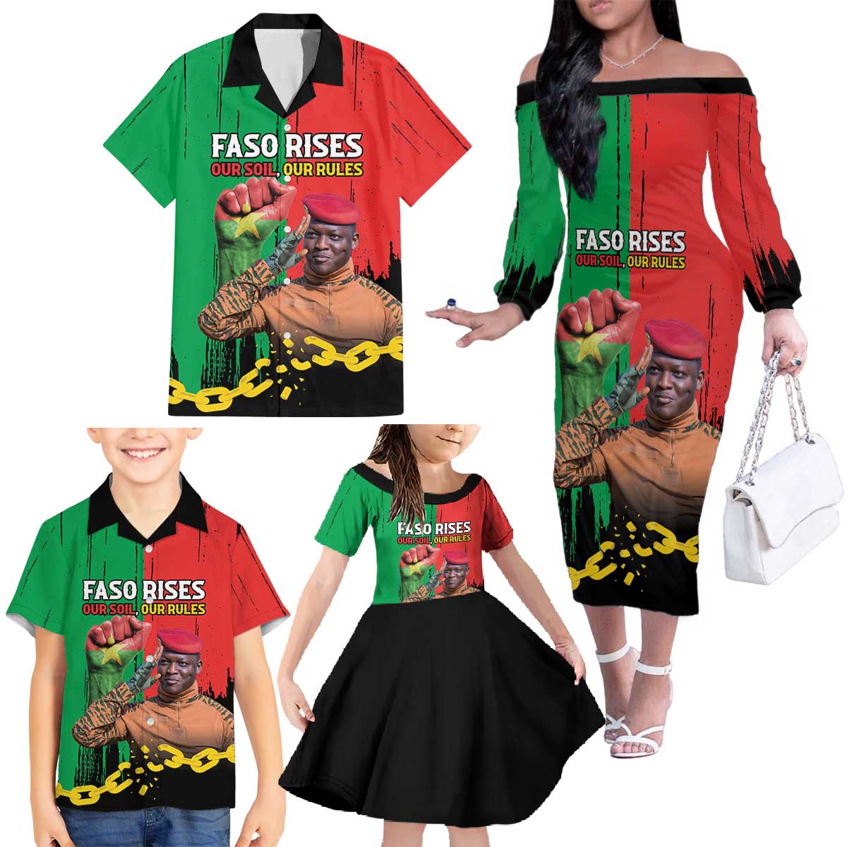 Ibrahim Traore Family Matching Off The Shoulder Long Sleeve Dress and Hawaiian Shirt Faso Rises Our Soil Our Rules