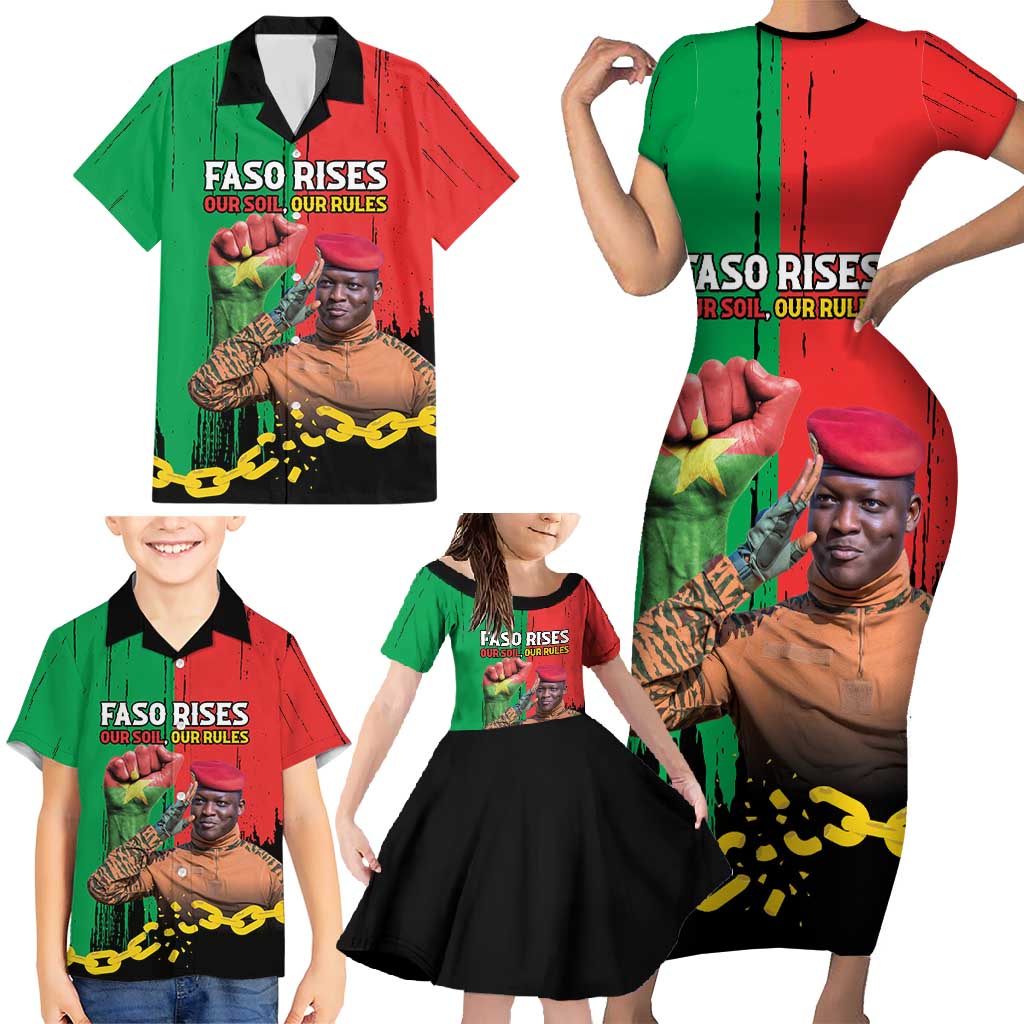 Ibrahim Traore Family Matching Short Sleeve Bodycon Dress and Hawaiian Shirt Faso Rises Our Soil Our Rules