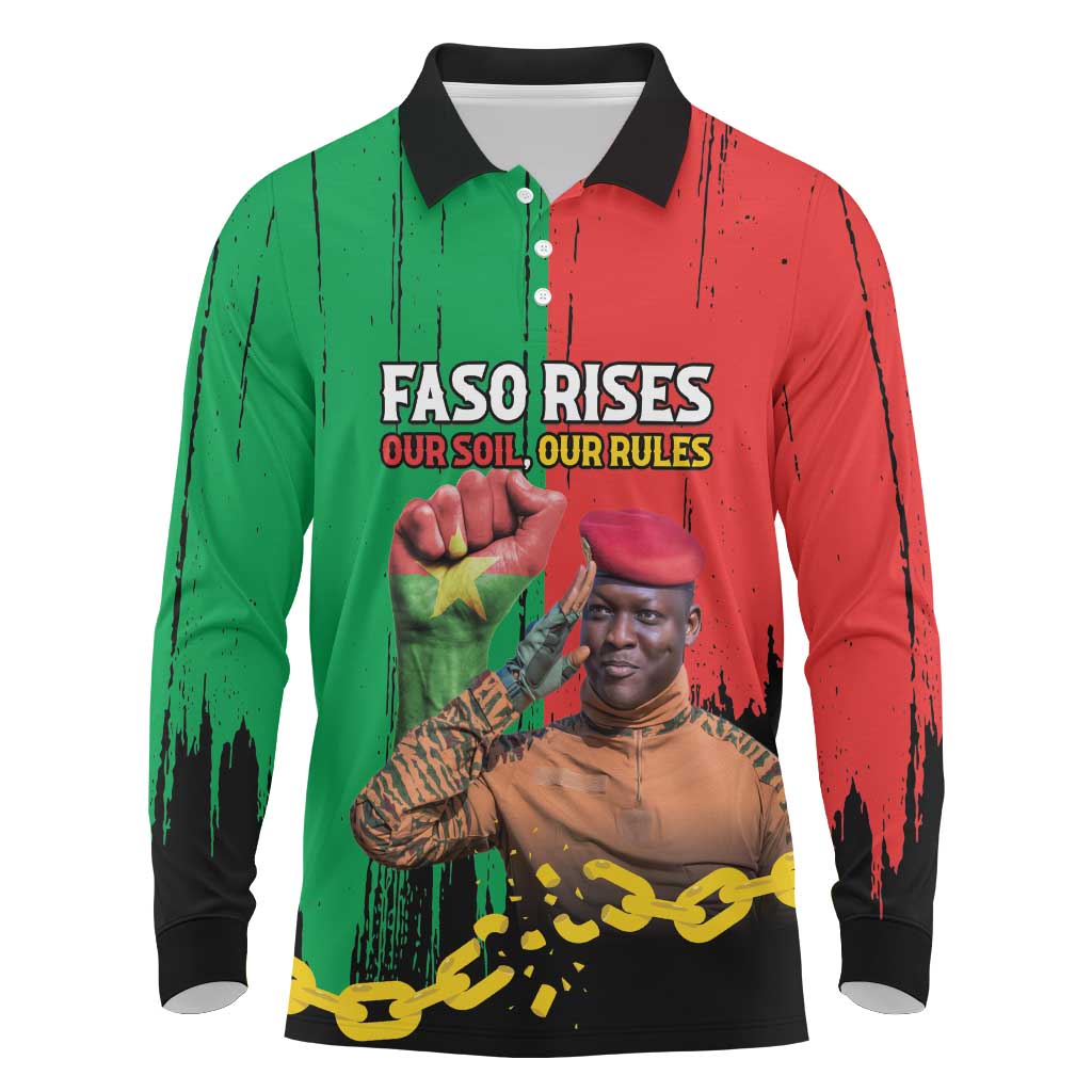 Ibrahim Traore Long Sleeve Polo Shirt Faso Rises Our Soil Our Rules