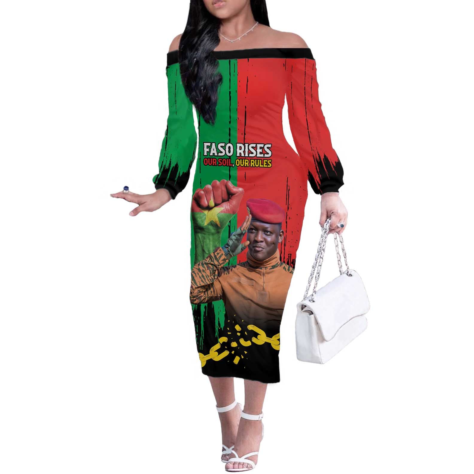 Ibrahim Traore Off The Shoulder Long Sleeve Dress Faso Rises Our Soil Our Rules