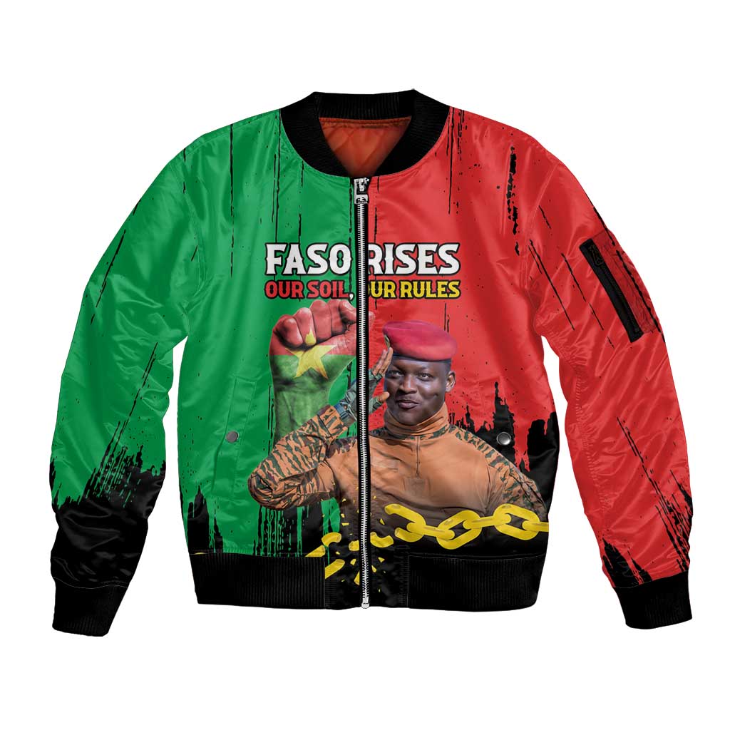 Ibrahim Traore Sleeve Zip Bomber Jacket Faso Rises Our Soil Our Rules