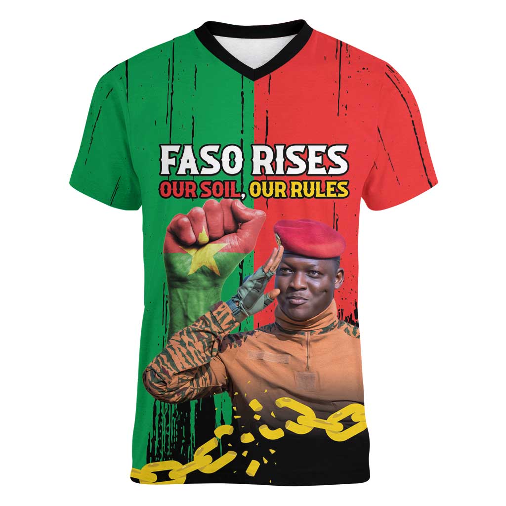 Ibrahim Traore Women V-Neck T-Shirt Faso Rises Our Soil Our Rules