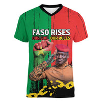 Ibrahim Traore Women V-Neck T-Shirt Faso Rises Our Soil Our Rules