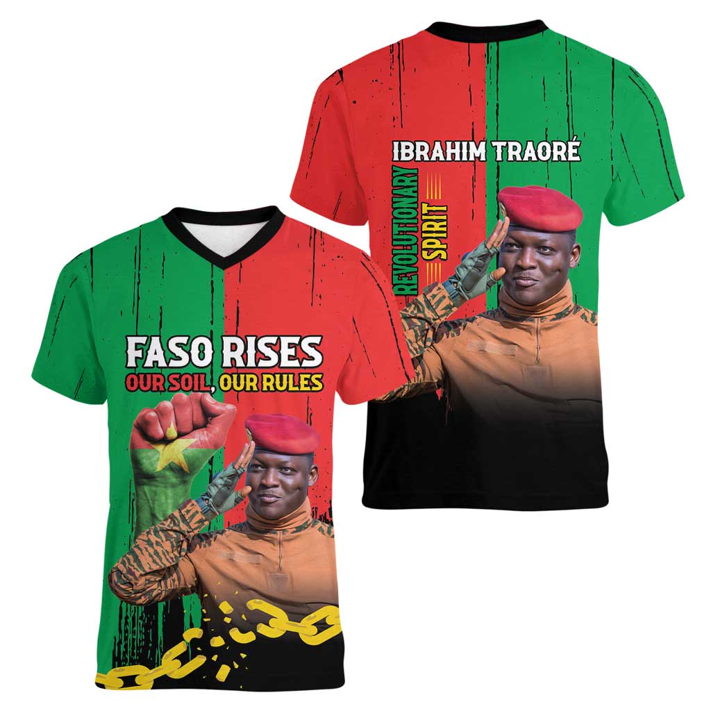 Ibrahim Traore Women V-Neck T-Shirt Faso Rises Our Soil Our Rules