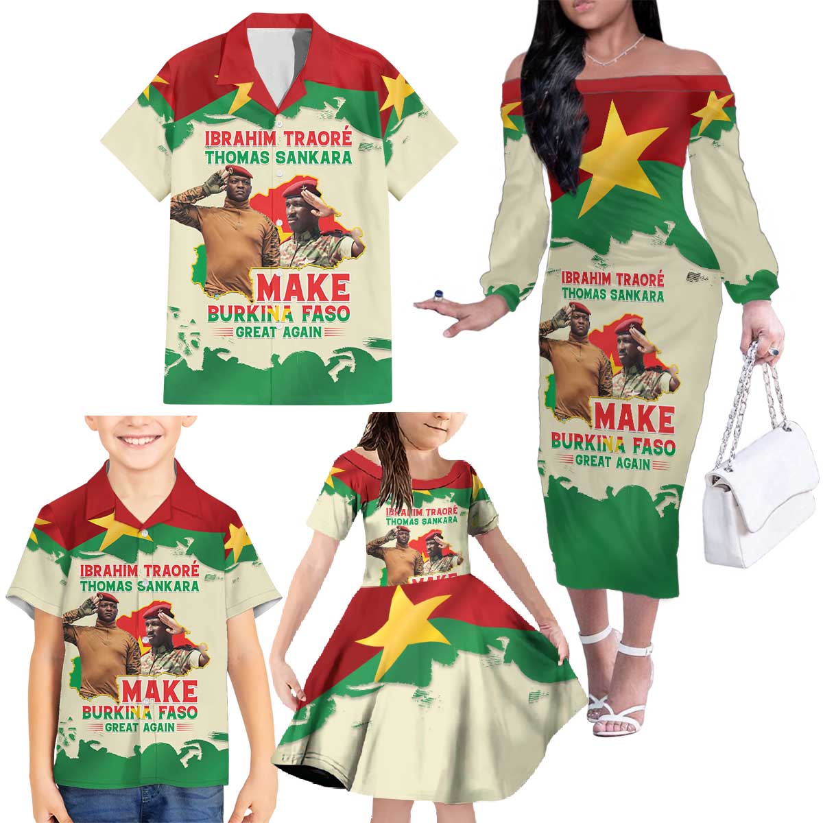 Ibrahim Traore Thomas Sankara Family Matching Off The Shoulder Long Sleeve Dress and Hawaiian Shirt Make Burkina Faso Great Again