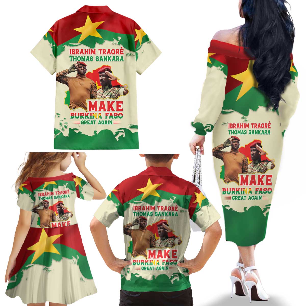 Ibrahim Traore Thomas Sankara Family Matching Off The Shoulder Long Sleeve Dress and Hawaiian Shirt Make Burkina Faso Great Again