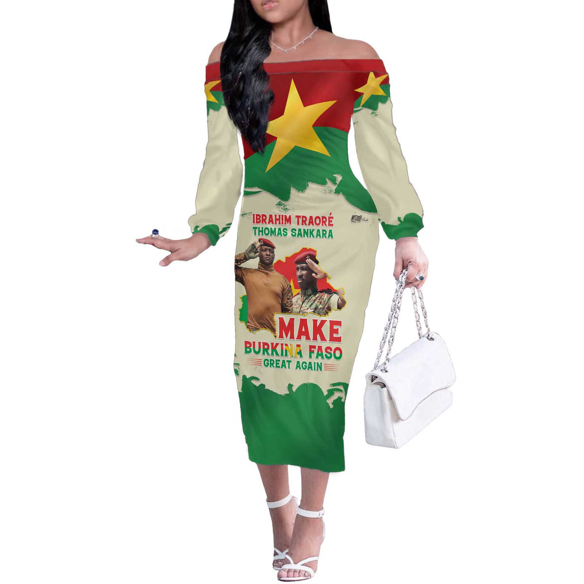Ibrahim Traore Thomas Sankara Off The Shoulder Long Sleeve Dress Make Burkina Faso Great Again