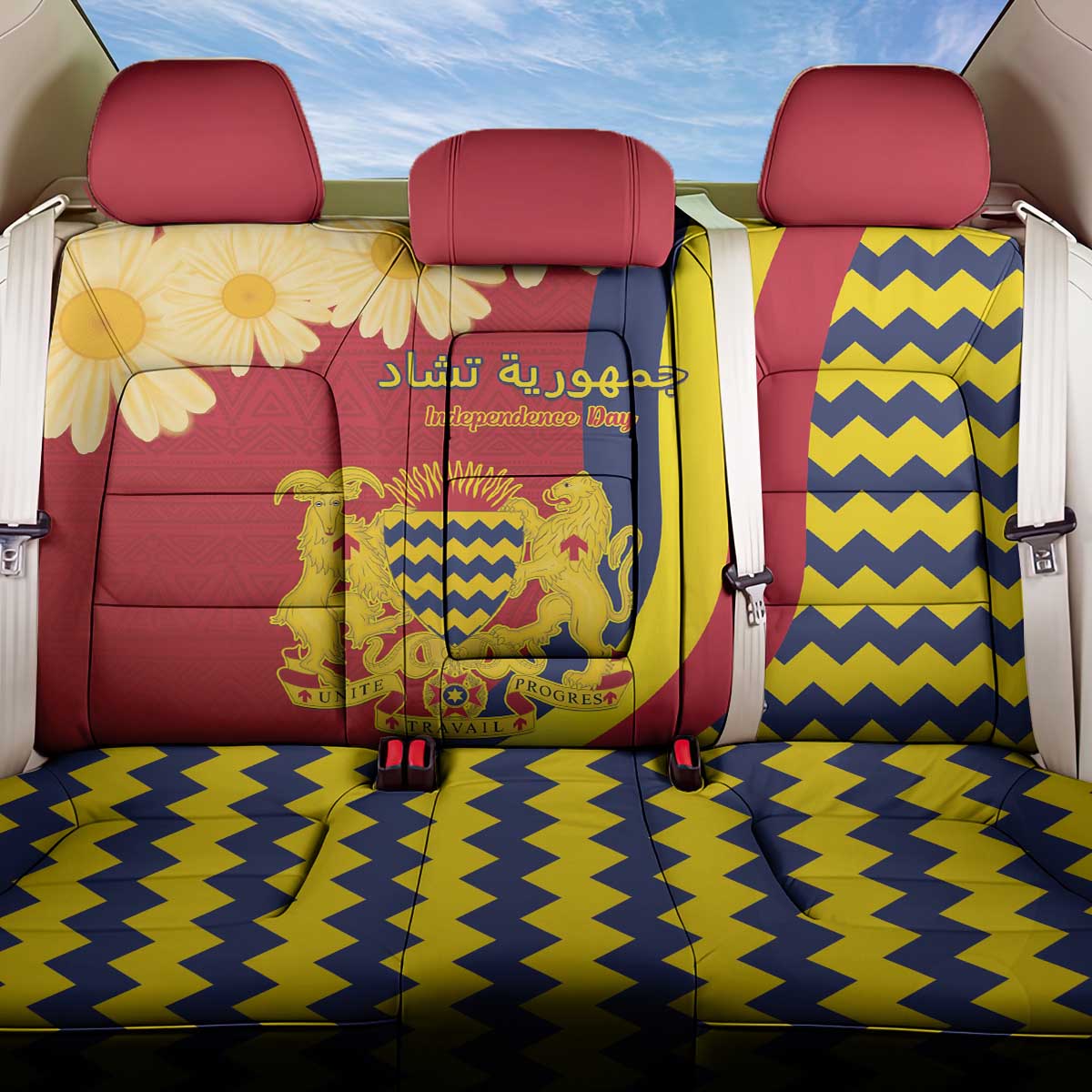 Chad Independence Day Back Car Seat Cover Coat Of Arms Gerbera Daisy