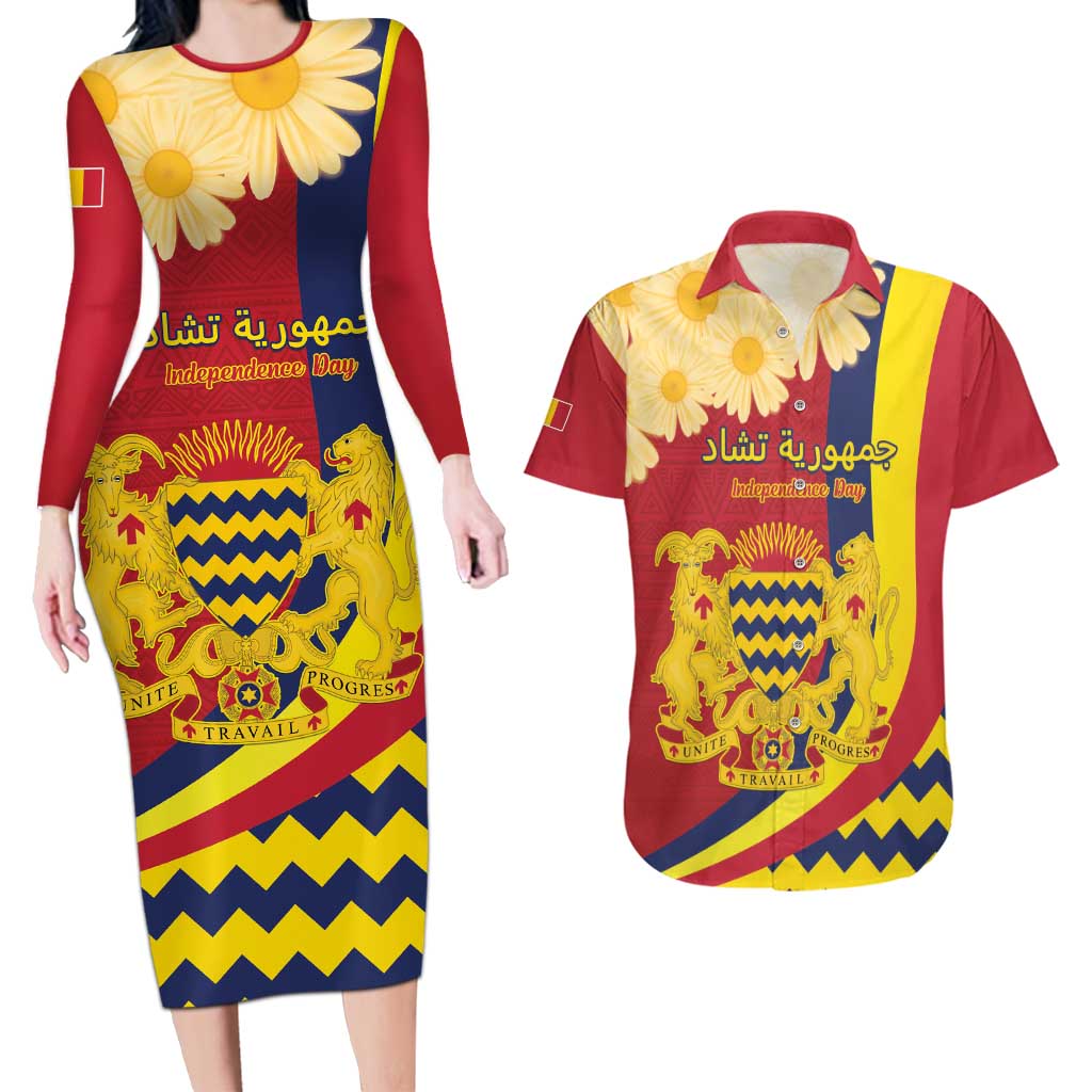 Personalised Chad Independence Day Couples Matching Long Sleeve Bodycon Dress and Hawaiian Shirt Coat Of Arms Gerbera Daisy