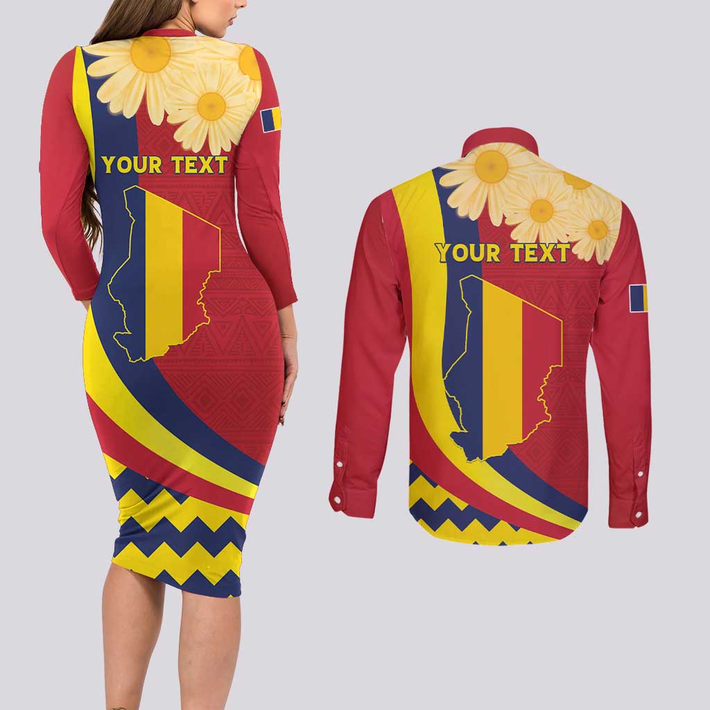 Personalised Chad Independence Day Couples Matching Long Sleeve Bodycon Dress and Long Sleeve Button Shirt Coat Of Arms Gerbera Daisy