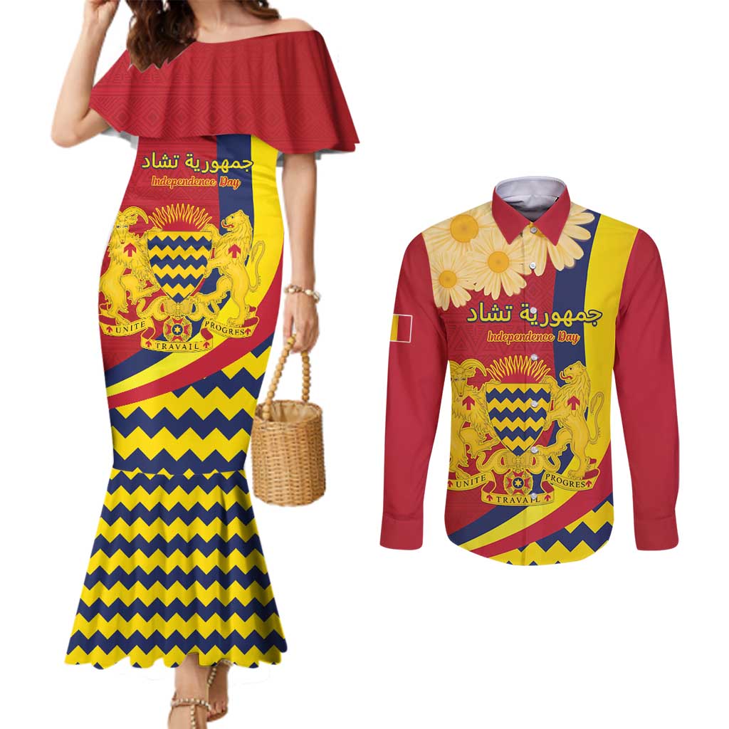 Personalised Chad Independence Day Couples Matching Mermaid Dress and Long Sleeve Button Shirt Coat Of Arms Gerbera Daisy