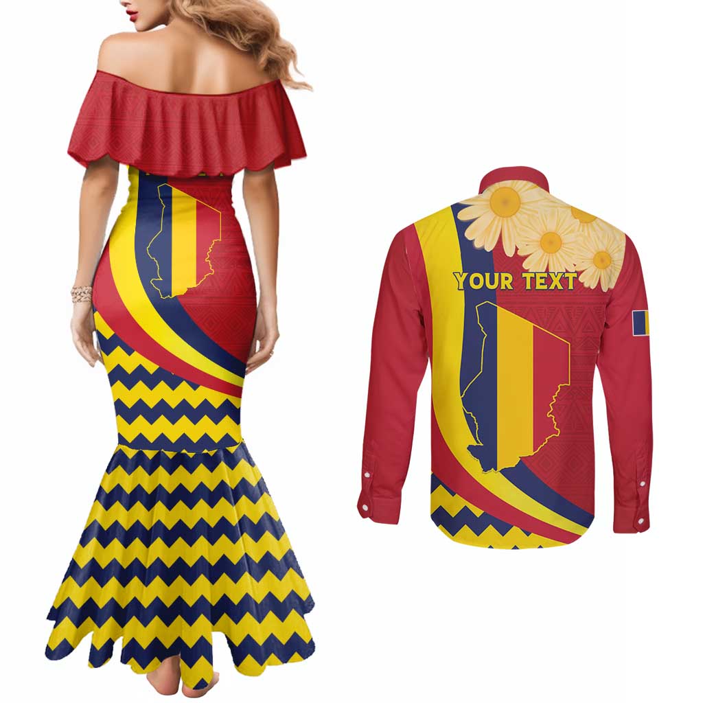 Personalised Chad Independence Day Couples Matching Mermaid Dress and Long Sleeve Button Shirt Coat Of Arms Gerbera Daisy