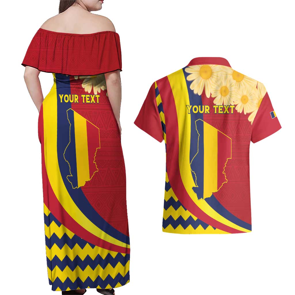 Personalised Chad Independence Day Couples Matching Off Shoulder Maxi Dress and Hawaiian Shirt Coat Of Arms Gerbera Daisy