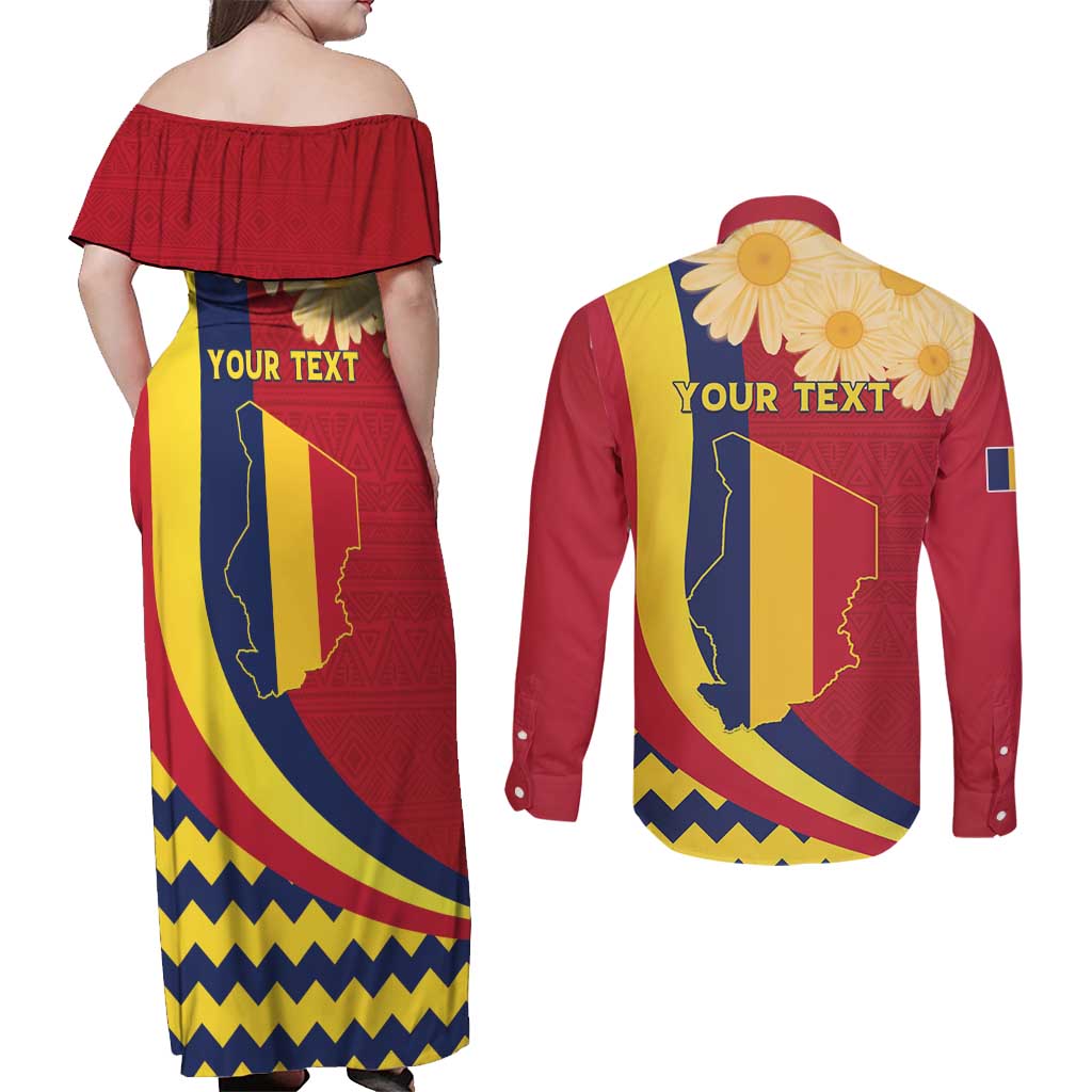 Personalised Chad Independence Day Couples Matching Off Shoulder Maxi Dress and Long Sleeve Button Shirt Coat Of Arms Gerbera Daisy