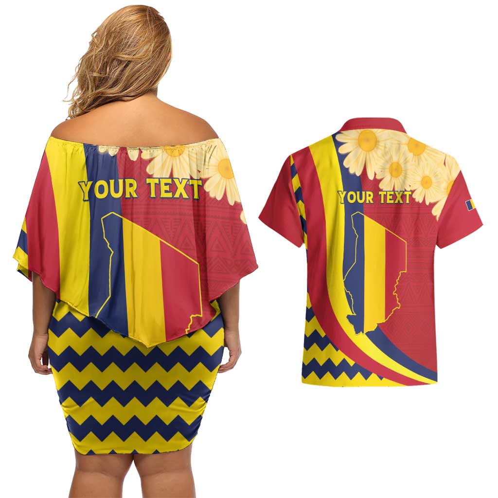 Personalised Chad Independence Day Couples Matching Off Shoulder Short Dress and Hawaiian Shirt Coat Of Arms Gerbera Daisy