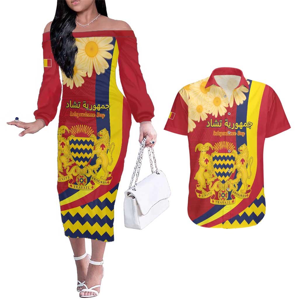 Personalised Chad Independence Day Couples Matching Off The Shoulder Long Sleeve Dress and Hawaiian Shirt Coat Of Arms Gerbera Daisy