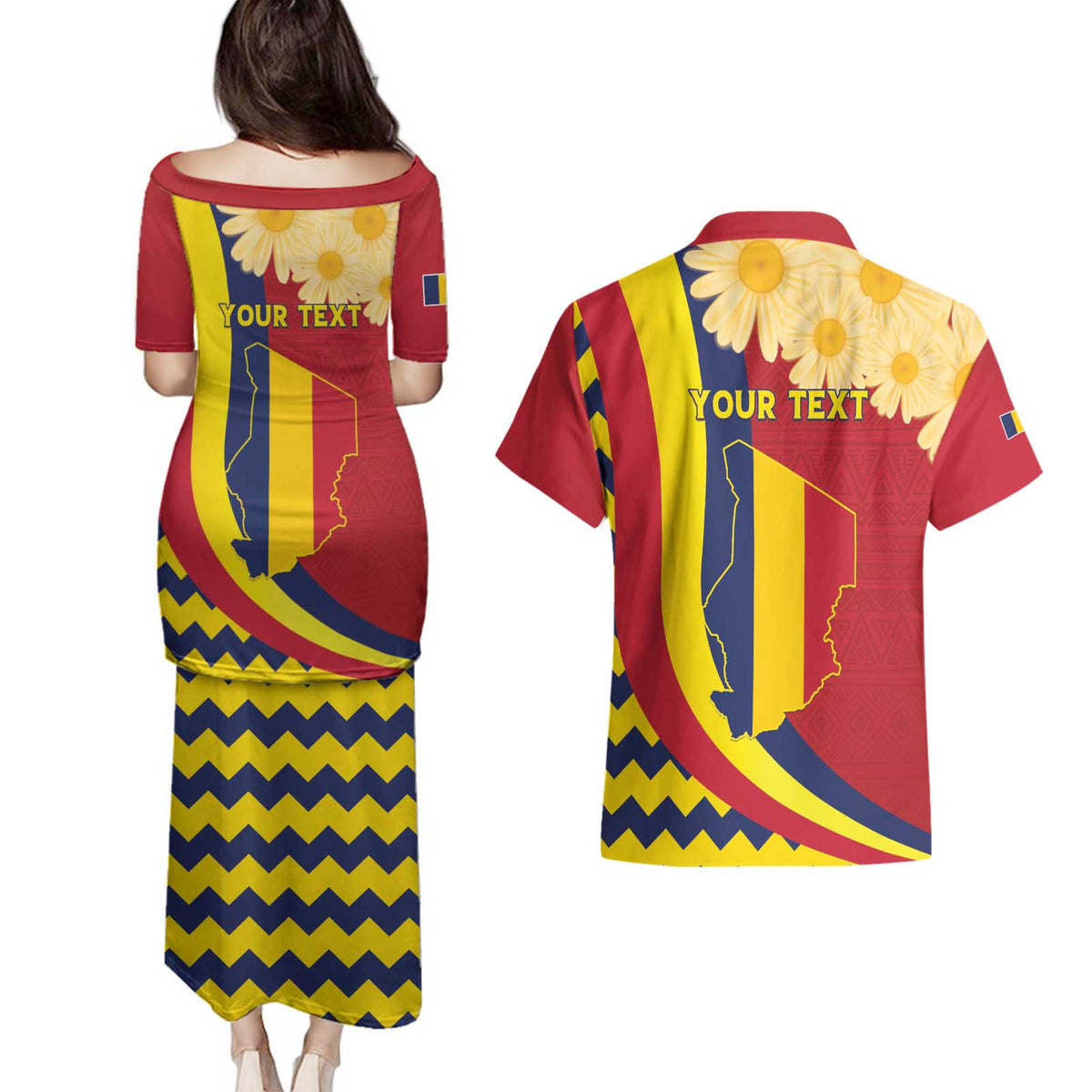 Personalised Chad Independence Day Couples Matching Puletasi and Hawaiian Shirt Coat Of Arms Gerbera Daisy