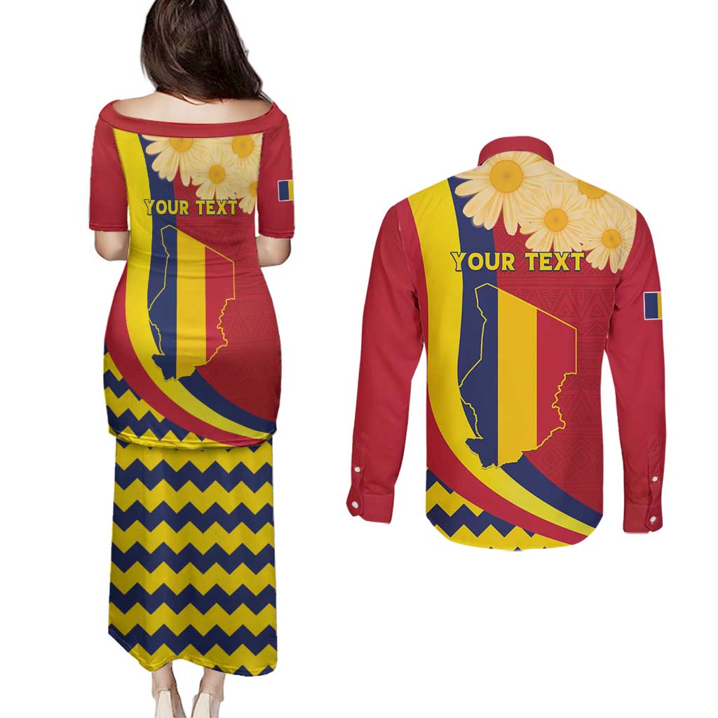 Personalised Chad Independence Day Couples Matching Puletasi and Long Sleeve Button Shirt Coat Of Arms Gerbera Daisy