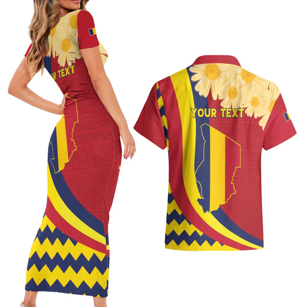 Personalised Chad Independence Day Couples Matching Short Sleeve Bodycon Dress and Hawaiian Shirt Coat Of Arms Gerbera Daisy
