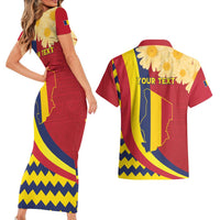Personalised Chad Independence Day Couples Matching Short Sleeve Bodycon Dress and Hawaiian Shirt Coat Of Arms Gerbera Daisy