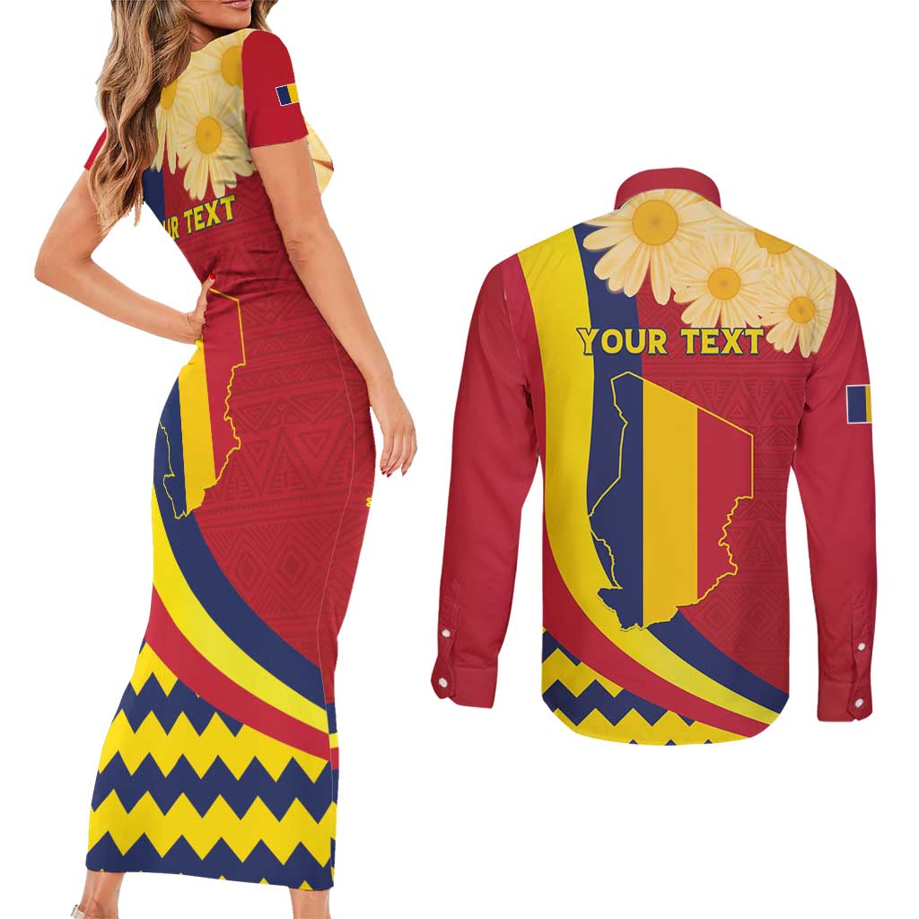 Personalised Chad Independence Day Couples Matching Short Sleeve Bodycon Dress and Long Sleeve Button Shirt Coat Of Arms Gerbera Daisy