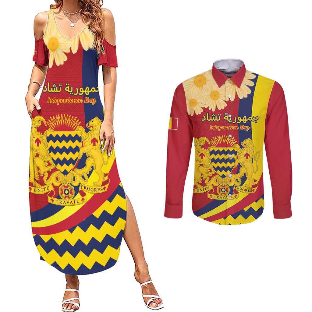 Personalised Chad Independence Day Couples Matching Summer Maxi Dress and Long Sleeve Button Shirt Coat Of Arms Gerbera Daisy