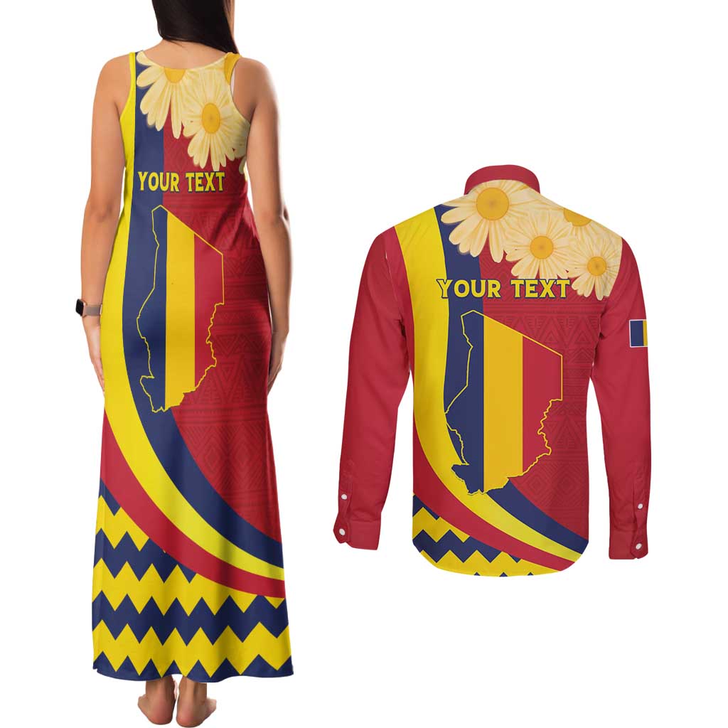 Personalised Chad Independence Day Couples Matching Tank Maxi Dress and Long Sleeve Button Shirt Coat Of Arms Gerbera Daisy