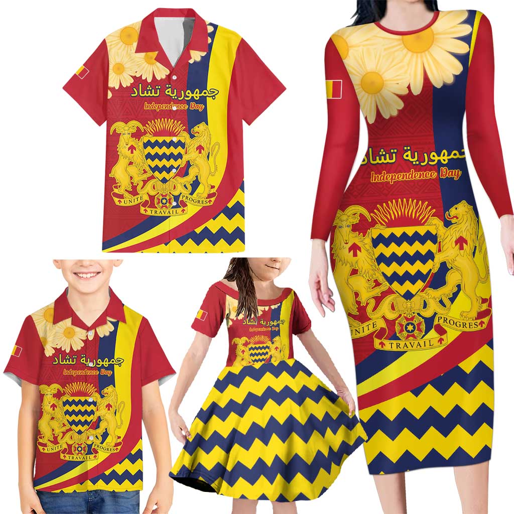 Personalised Chad Independence Day Family Matching Long Sleeve Bodycon Dress and Hawaiian Shirt Coat Of Arms Gerbera Daisy