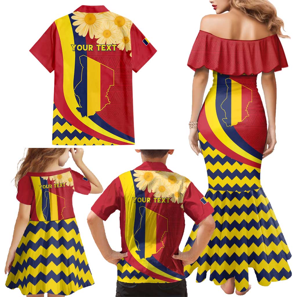 Personalised Chad Independence Day Family Matching Mermaid Dress and Hawaiian Shirt Coat Of Arms Gerbera Daisy