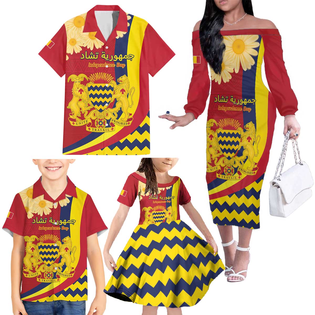 Personalised Chad Independence Day Family Matching Off The Shoulder Long Sleeve Dress and Hawaiian Shirt Coat Of Arms Gerbera Daisy