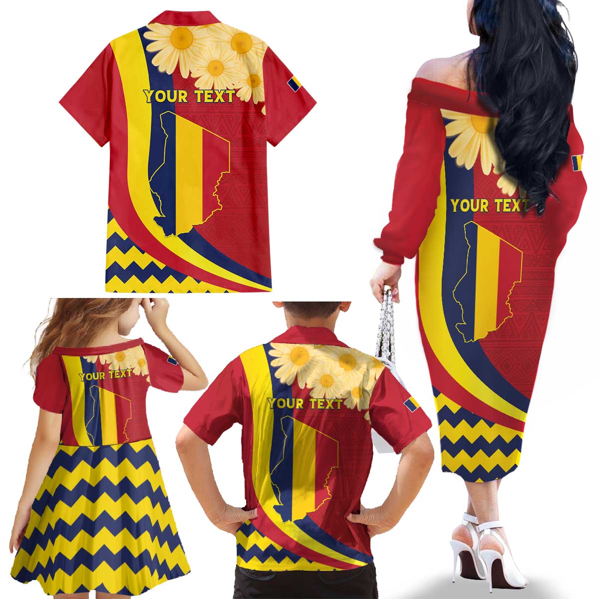Personalised Chad Independence Day Family Matching Off The Shoulder Long Sleeve Dress and Hawaiian Shirt Coat Of Arms Gerbera Daisy